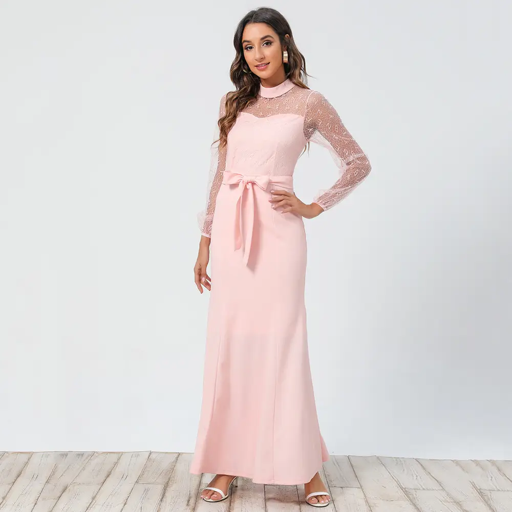 Ladies Lace Long Sleeve Round Neck Tie Dress