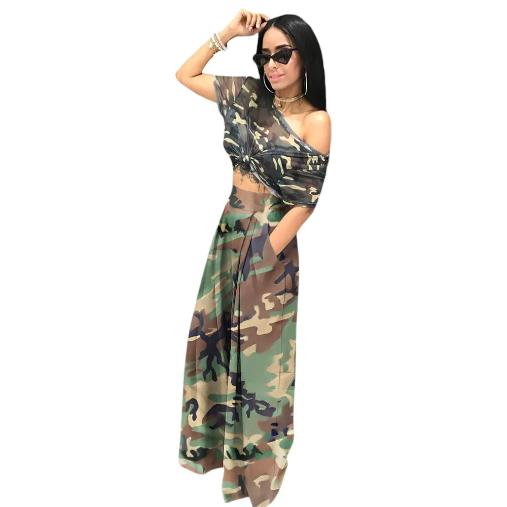 Women's Camouflage Printing Elastic Waist Wide Leg Pants Casual - Green