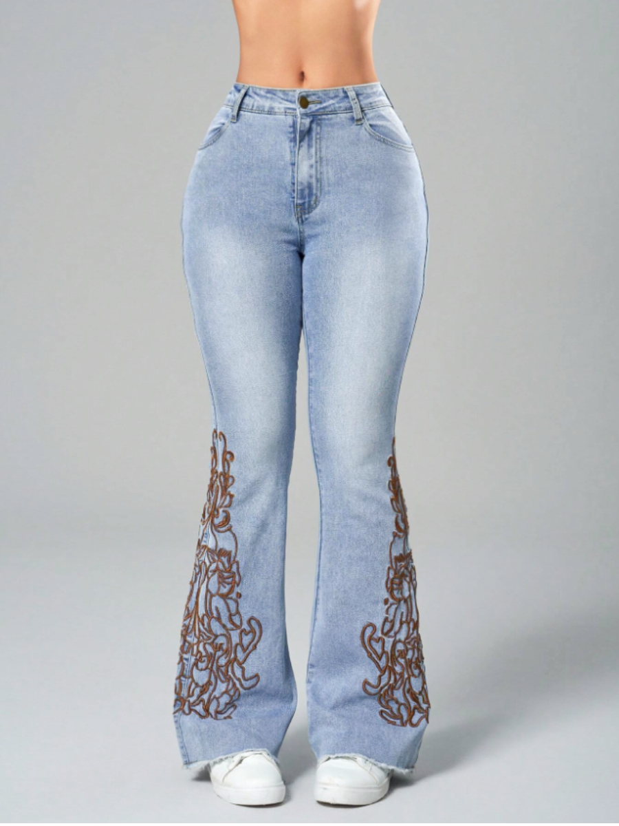 Women Light Blue Embroidery Flare Jeans Floral Detail Denim Pants Vintage Washed Bootcut Jeans Wholesale Ready Stock