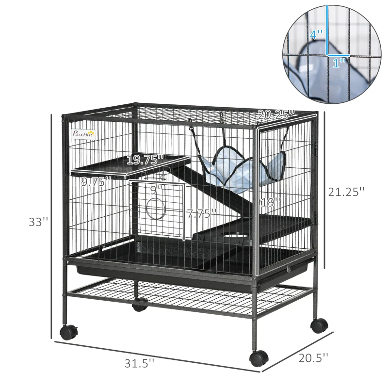 Small Animal Cage With Wheels, Pet Playpen For Rat, Syrian Hamster, Kitten, Ferrets, Chinchillas With Bottom Storage Shelf, Removable Tray, Ramp