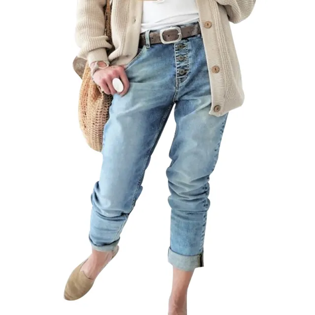 Women's Beaded Fashion Breasted Straight Jeans Blue - Shop at LoveMi