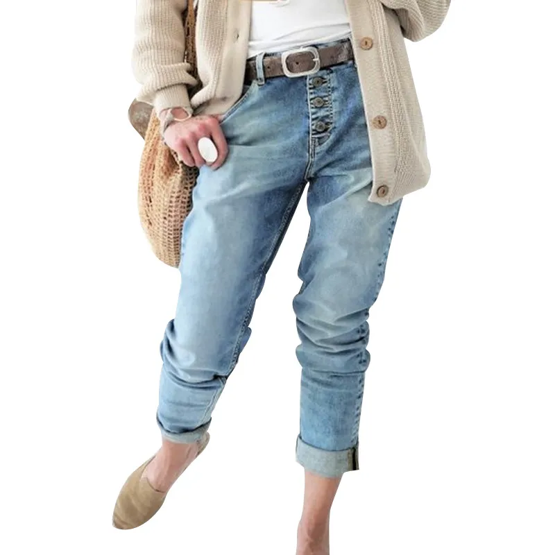 Women's Beaded Fashion Breasted Straight Jeans - Blue