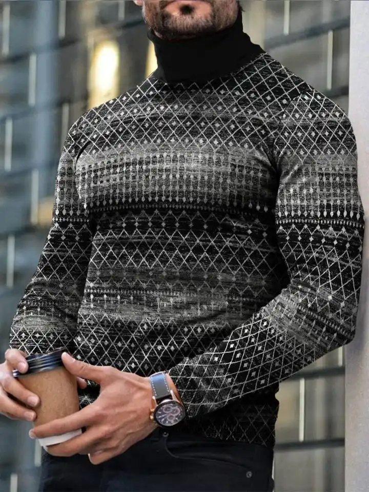 Autumn Winter Men's Long Sleeve Turtleneck T Shirt Printed Casual Top