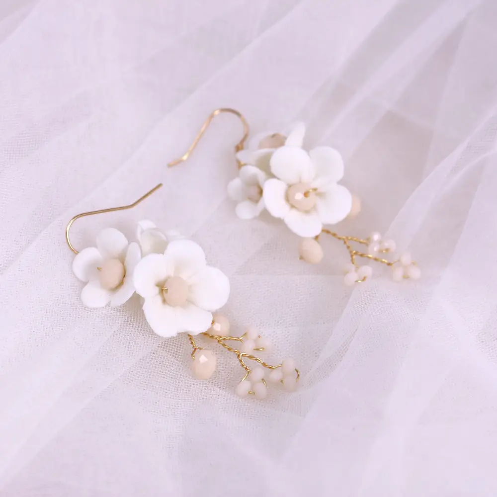 Bride Gold And Silver Flower Ceramic Earrings