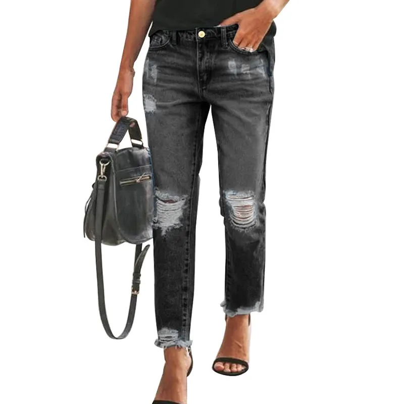 Fashion Sexy Ripped Raw Edge High Waist Ladies Cropped Jeans - A-L