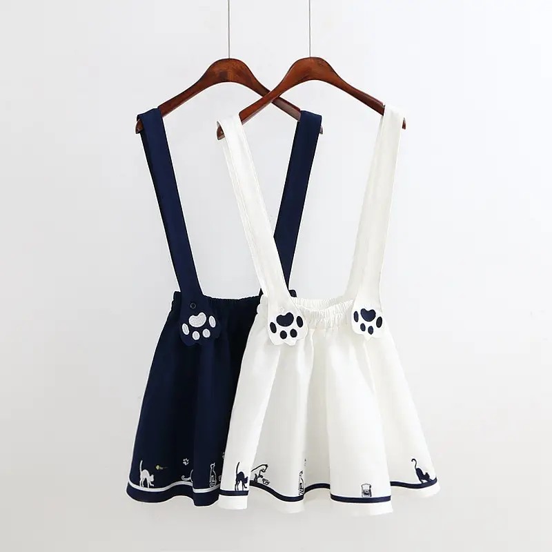 Women's Cute Cartoon Cat Printing Footprints Suspender Skirt