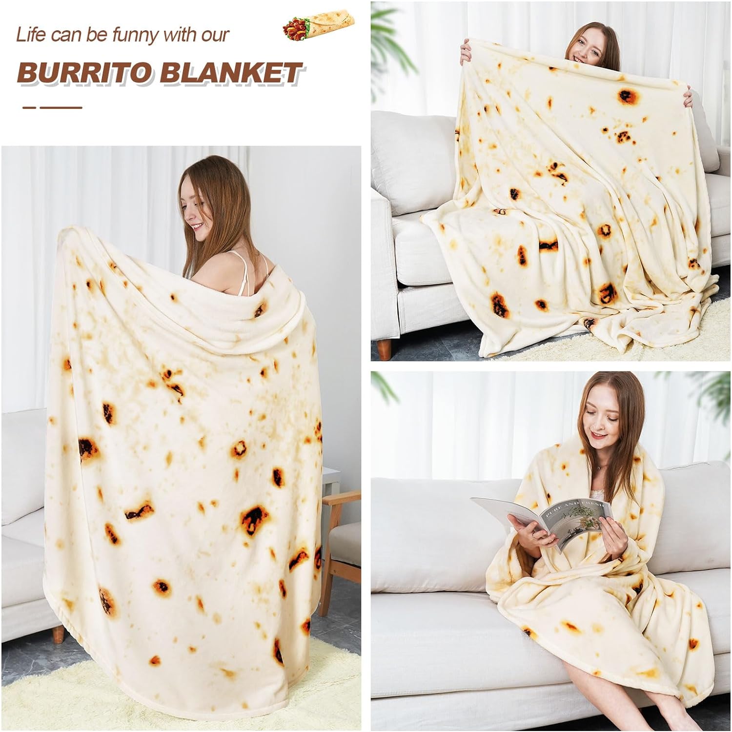 Rainbean 71-inch Burritos Double Sided Blankets Adult Size, Tortilla Blanket For Kids, Cool Stuff Gifts For Man And Boys, Novelty Food Wrap Blanket, Taco Blankets For Birthday Gifts White Elephant