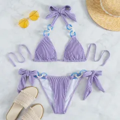 Side Tie Jewelry Solid Halter Beach Bikini - Purple - View 1