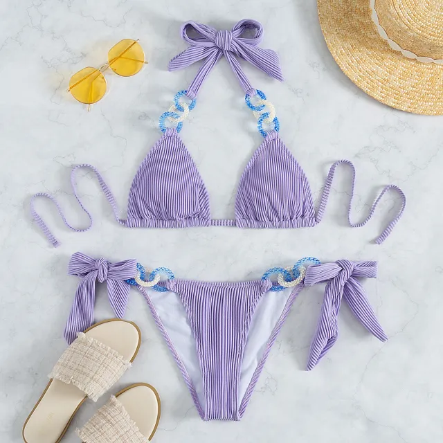 Side Tie Jewelry Solid Halter Beach Bikini Purple - Shop at LoveMi