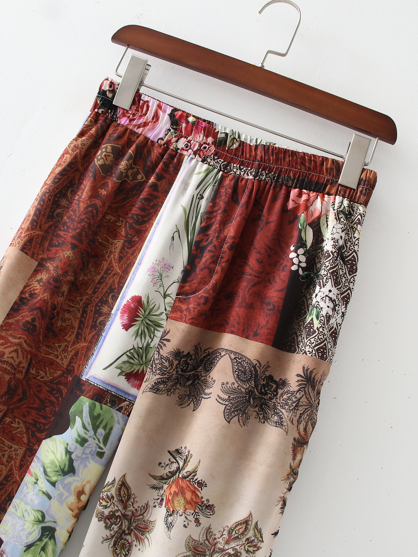 Elastic High Waist Printed Patchwork Slacks