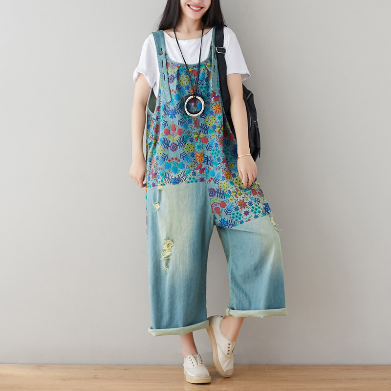 Women's New Printed Denim Frayed White Ripped Wide Leg Overalls Light Blue - Shop at LoveMi
