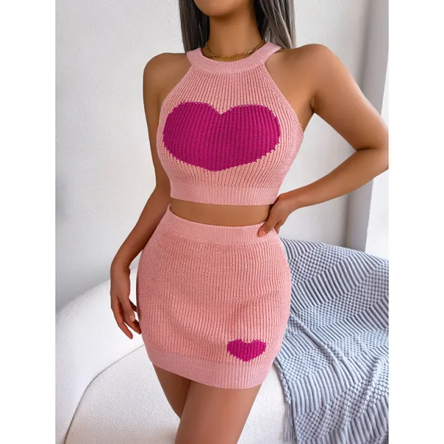 Women's Heart Knit Outfits Backless Halter Crop Tops & Mini Bodycon Skirt Pink - Shop at LoveMi