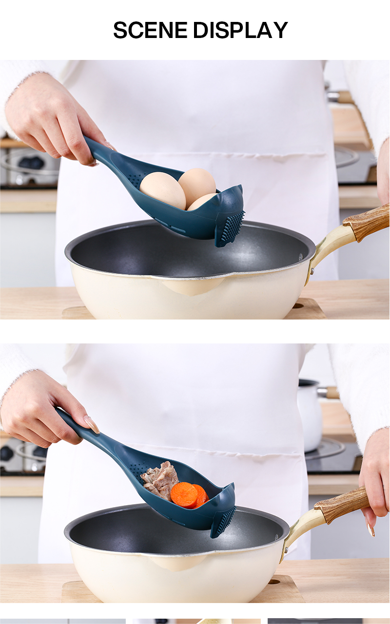 Plastic colander spoon with long handle for straining soup and other foods - kitchen utensil and gadget for cooking and food preparation