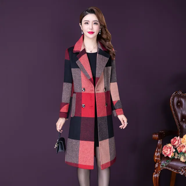 Slim Mid Length All Match Woolen Coat Red Grid - Shop at LoveMi