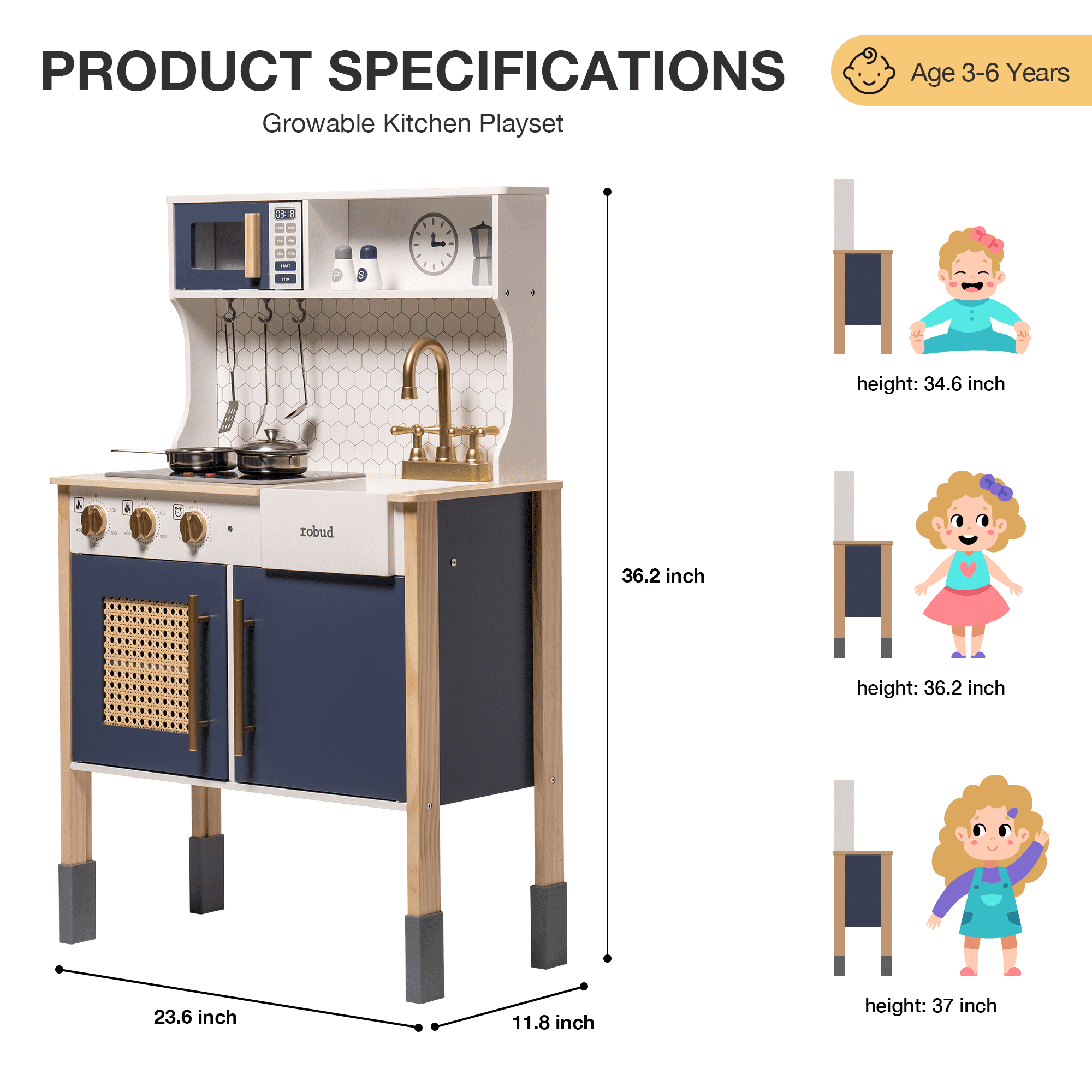 ROBOTIME Pretend Play Kitchen Cooking Toy Set. Product Name: Children's Kitchen Chef Pretend Playset. Topic: Kids Construction Toys. Brand Name: ROBOTIME. Material: Wood. Size: 22.8 x 11.4 x 24.4 inches. Weight: 20.3 pounds.