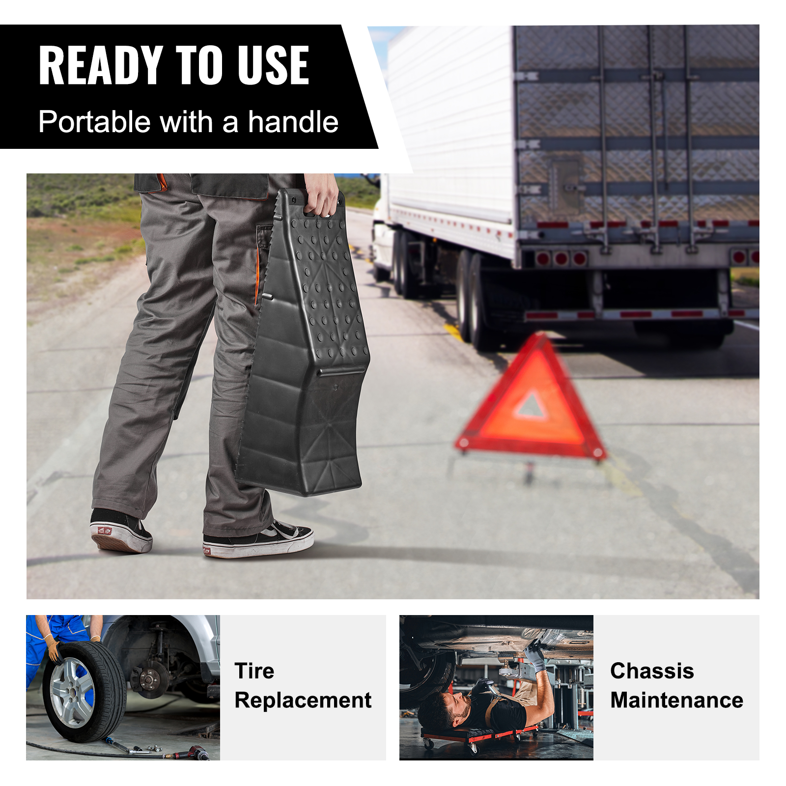 VEVOR heavy-duty truck ramp pair showing gradual incline angle for lowered vehicles