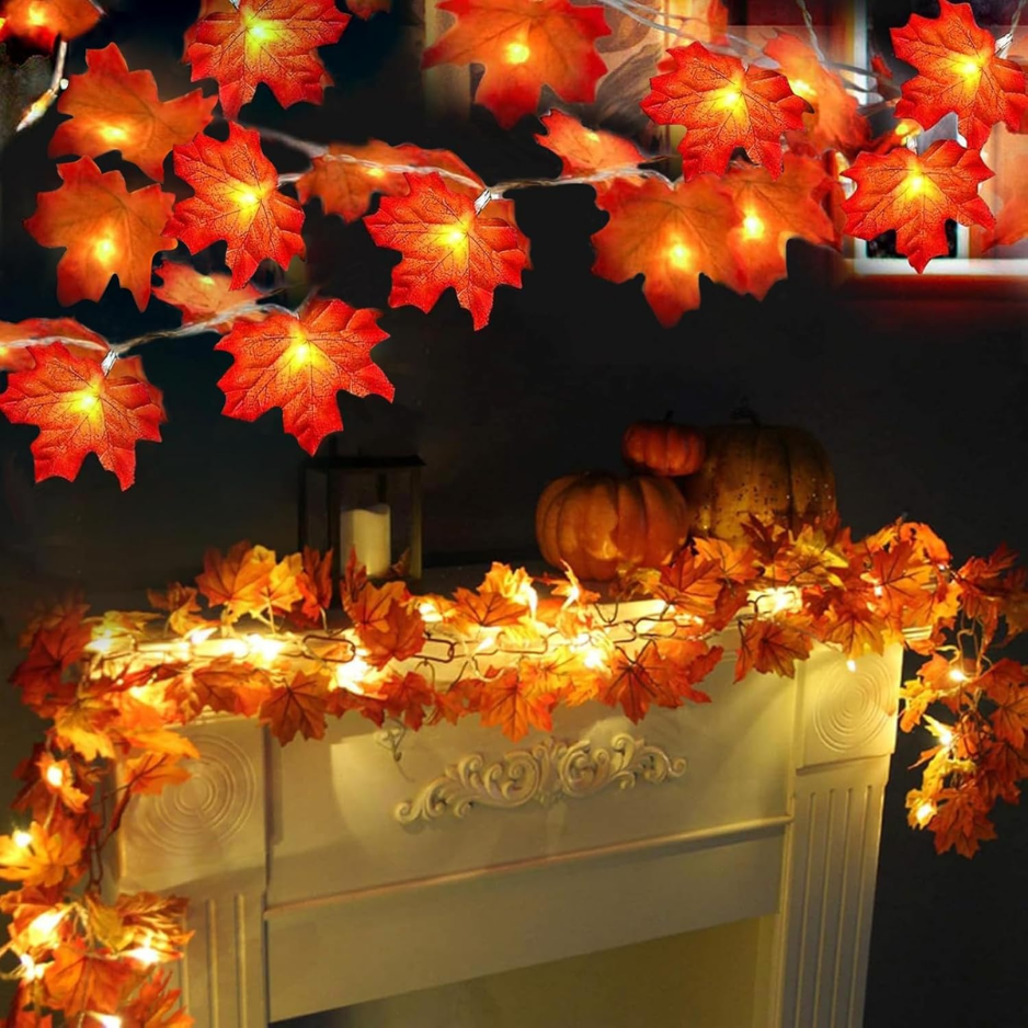 Fall Decor 2 Pack Fall Garland With Lights Enlarged Maple Leaves 20Ft 40LED