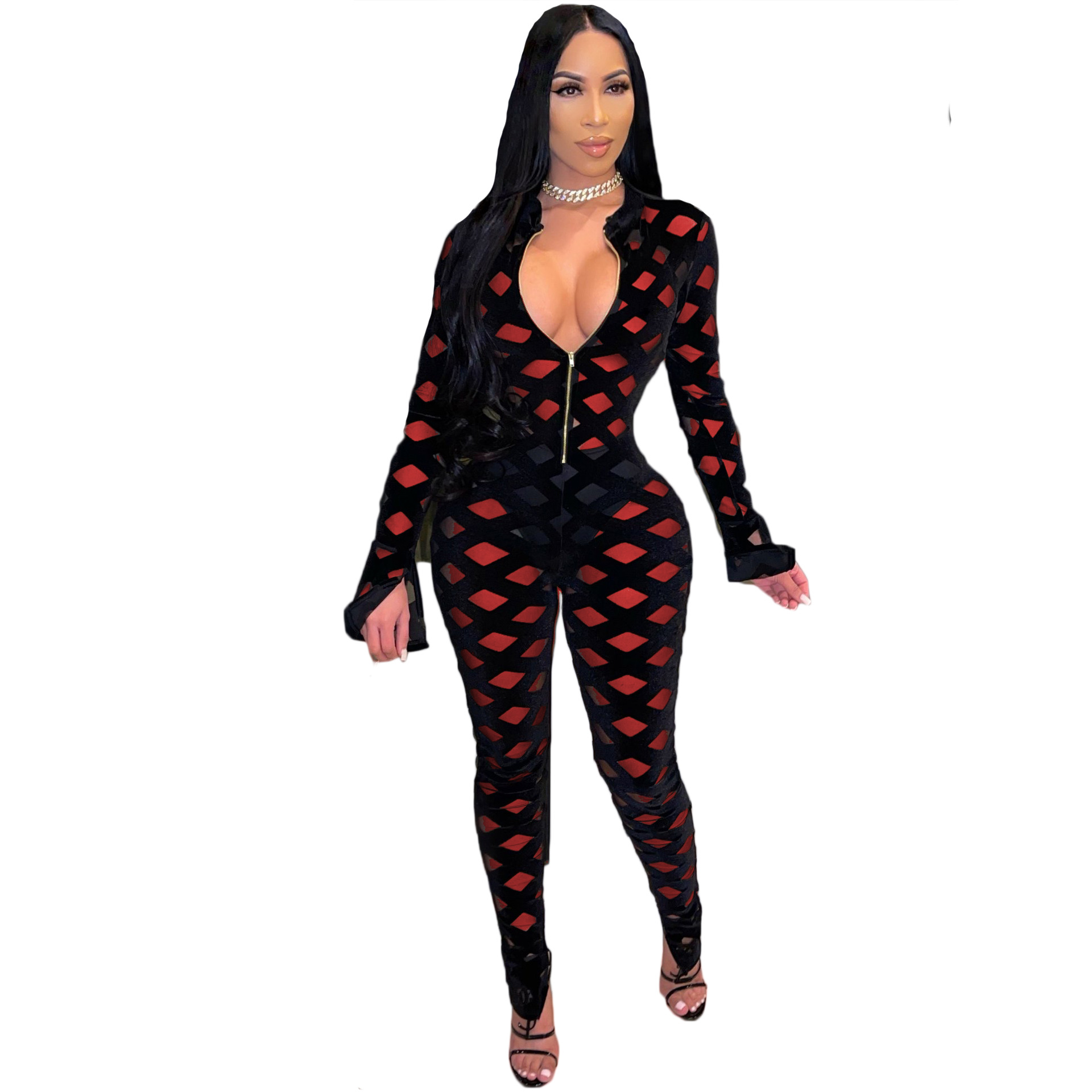 Fashion Mesh Flocking Sexy Fashion Women's European And American All in one Pants Red - Shop at LoveMi