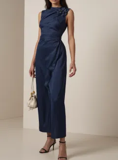 Midnight Elegance Satin Dress With Floral Shoulder Detail - Blue - View 1