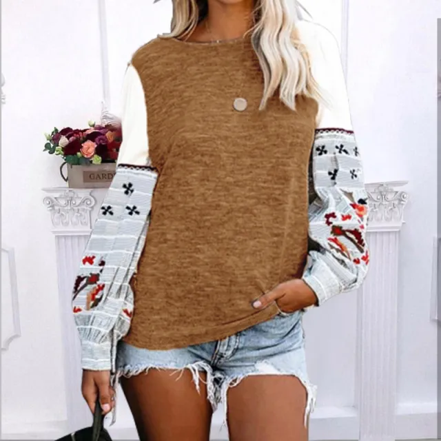 Round Neck Long Sleeve Printed Sweater Top Khaki - Shop at LoveMi