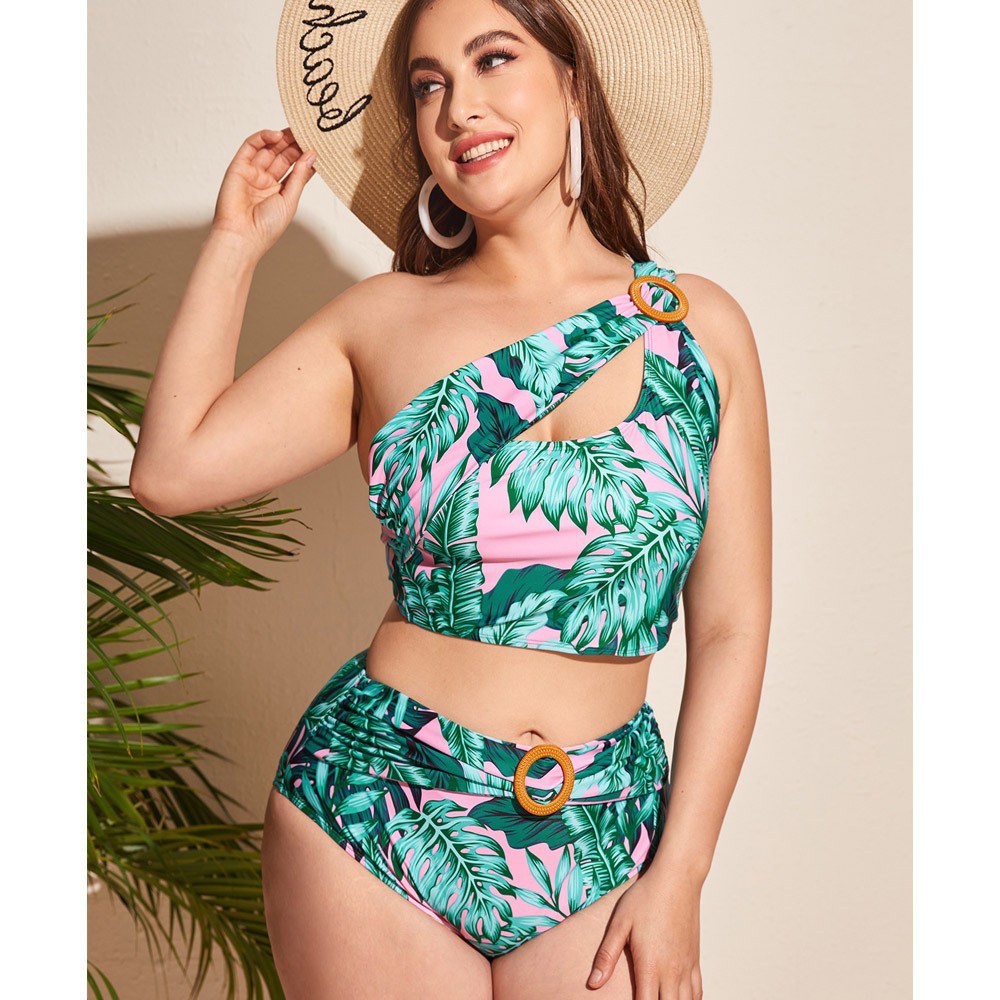 Green Printed Large Size Special Craft Split Swimsuit