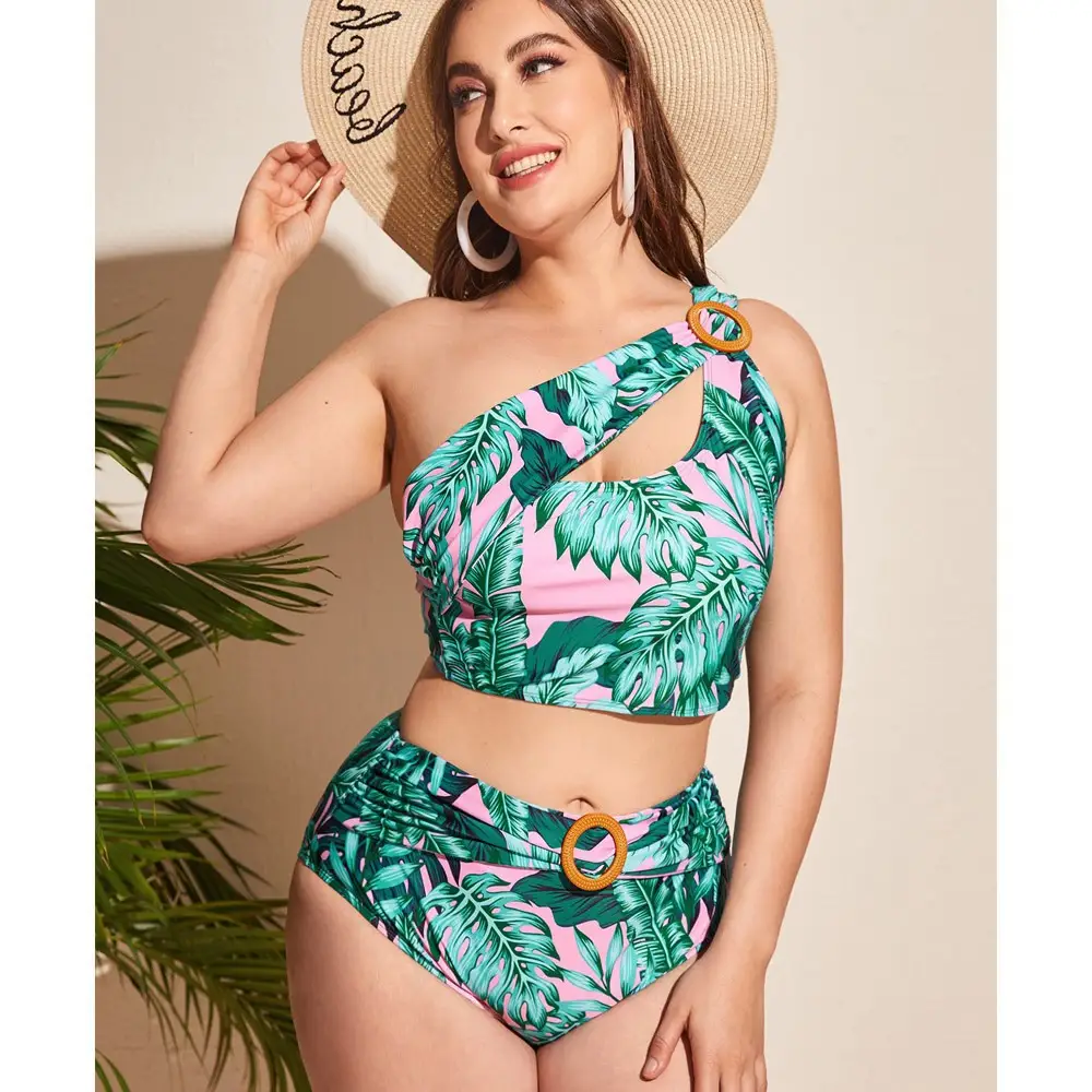 Green Printed Large Size Special Craft Split Swimsuit