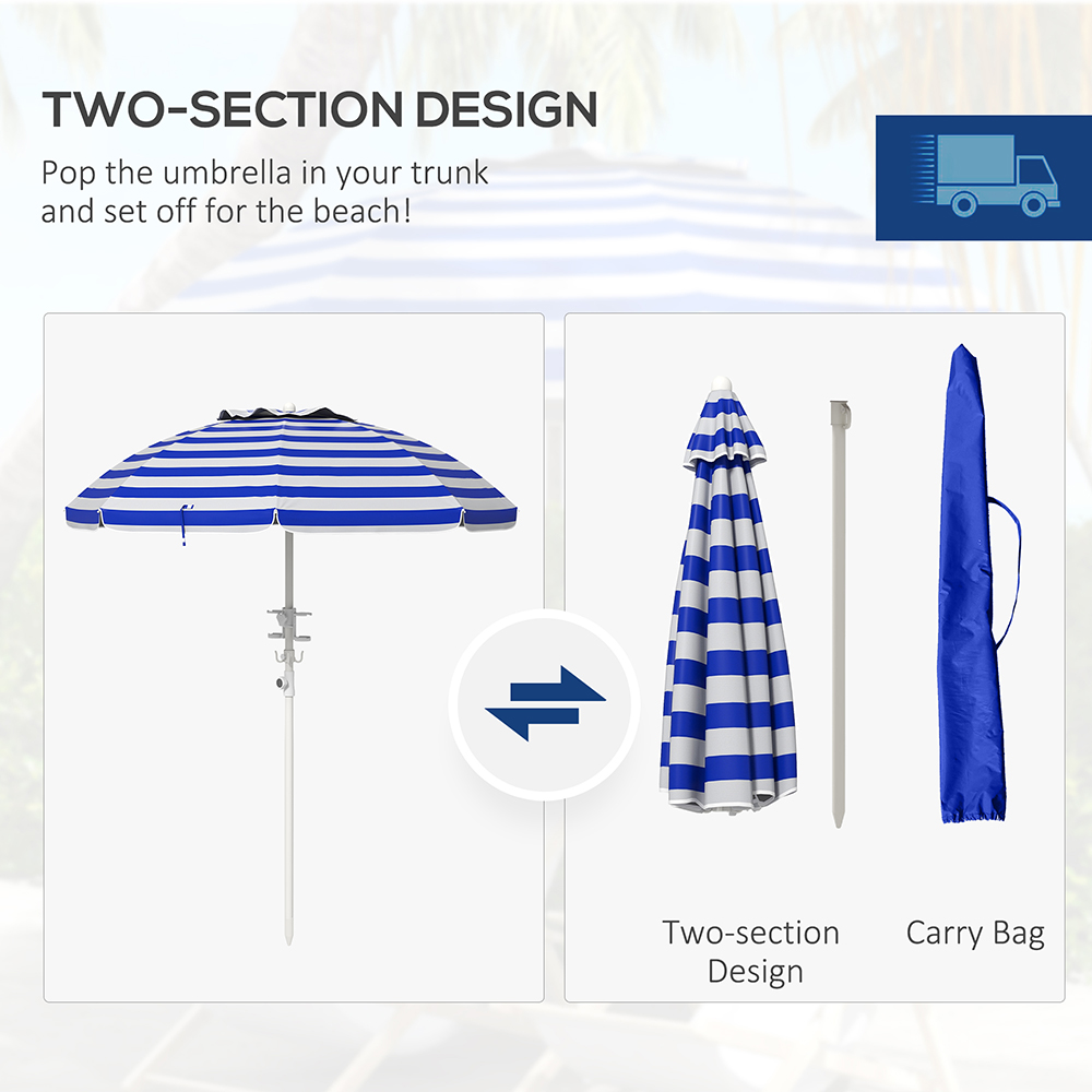 5.7' Beach Umbrella For Travel With Tilt, Adjustable Height, 2 Cup Holders, Hooks, Vent, Ruffles, Blue Stripe, Sapphire Blue