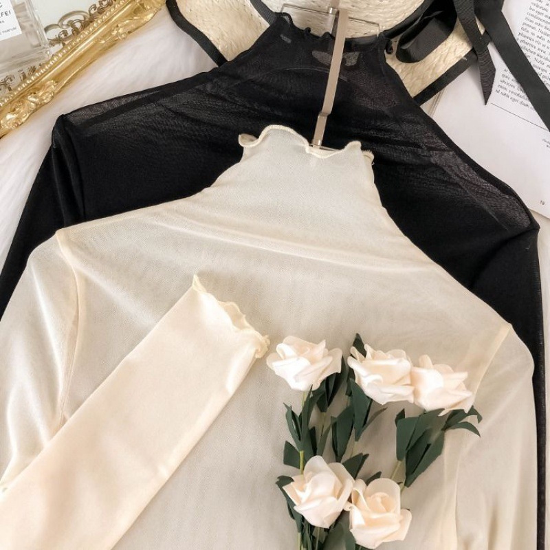 Middle Neck New Style Slim Simple Yarn Top Elastic Long-sleeved T-shirt