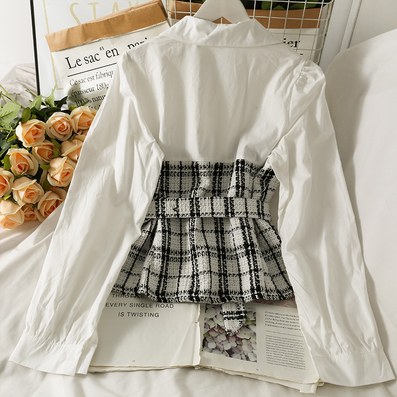 Retro Contrast Color Stitching Tweed Fake Two-piece Shirt