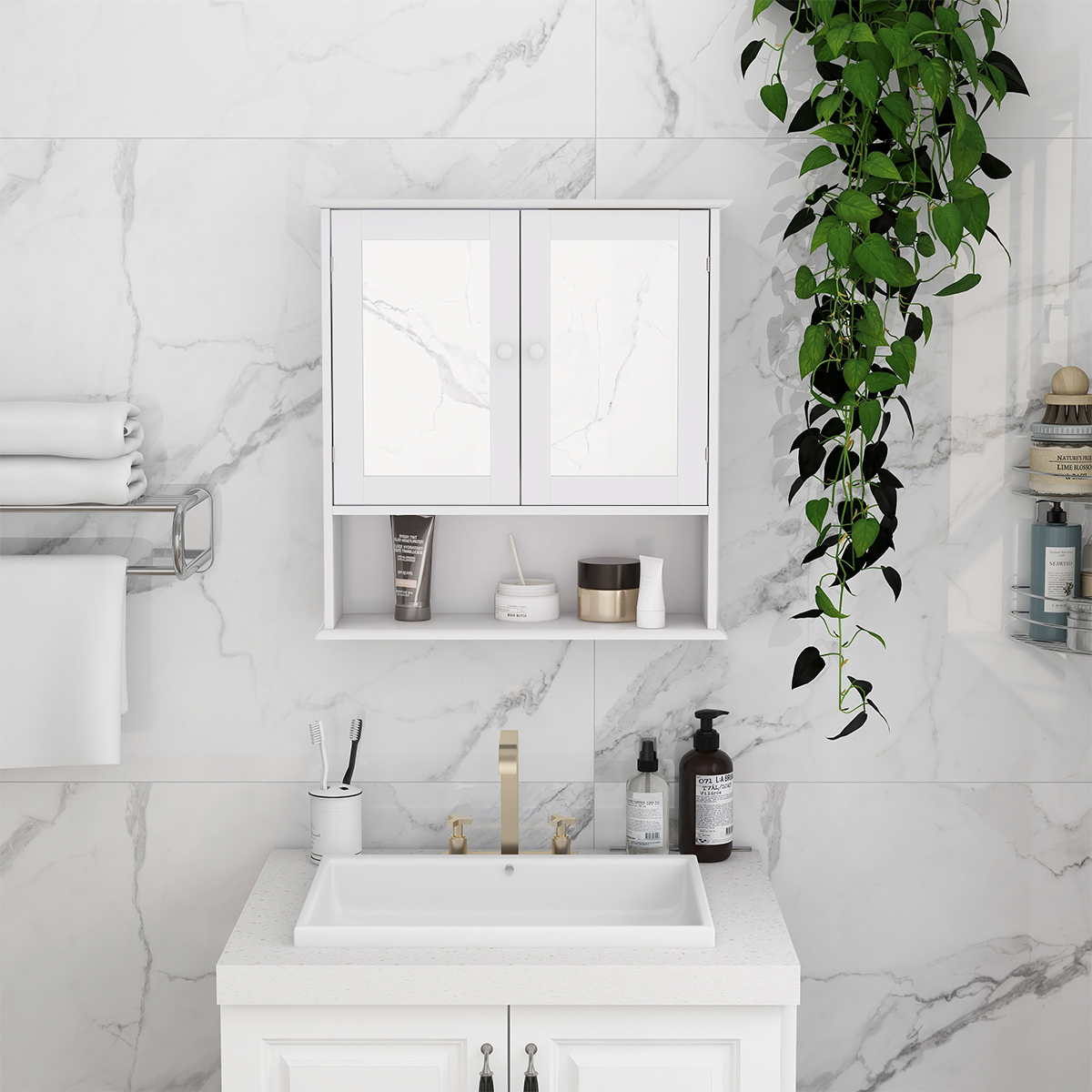 Bathroom Wall Cabinet With Double Mirror Doors And Shelves — foto 7