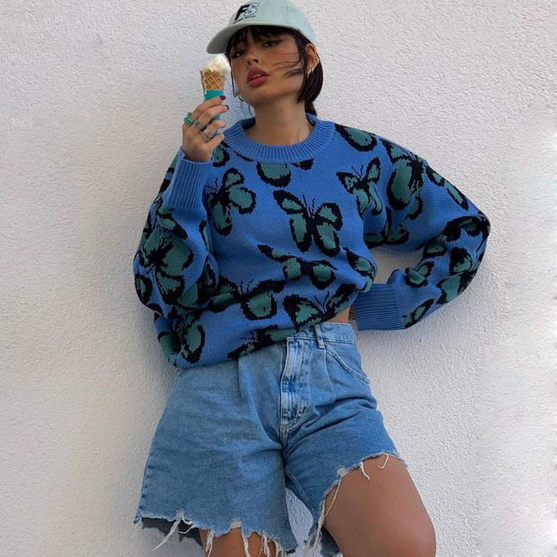 Autumn And Winter Butterfly Print Plus Size Ladies Trendy Sweater