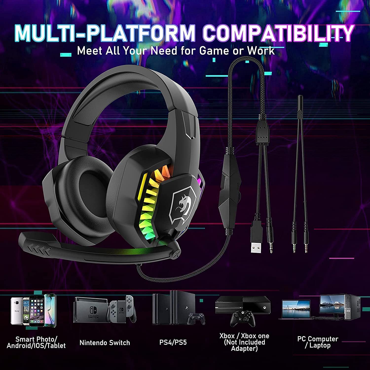 Wired Gaming Headset With Rainbow RGB Backlight Retractable Stereo Sound For PS4 Black 3