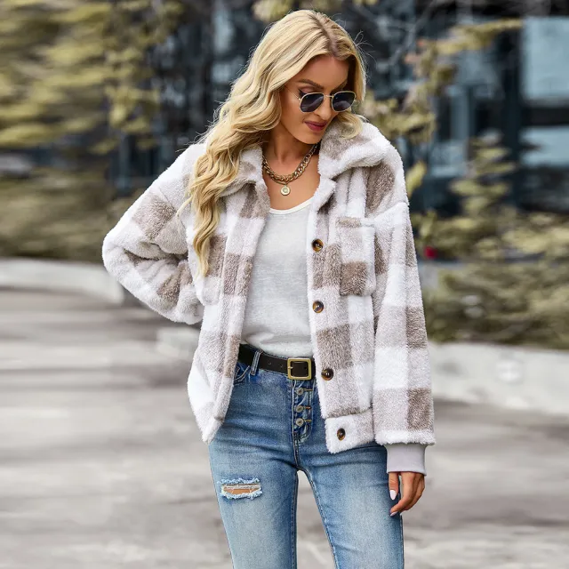 Women's Thickened Plaid Fleece Coat Apricot - Shop at LoveMi