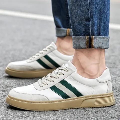 New Men's Flat Casual Shoes Lace-up Cow Leather Board