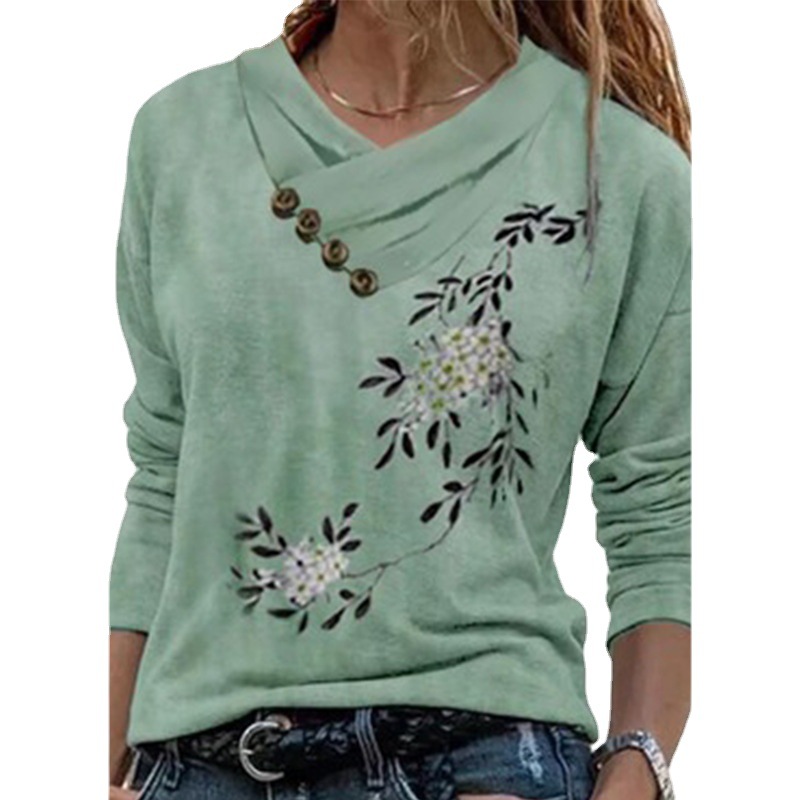 V-neck Floral Print Button Long-sleeved Top T-shirt