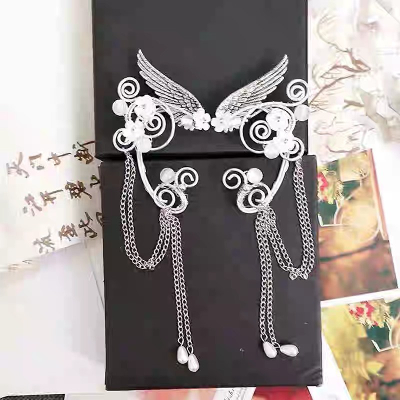 Qingqiu Fox Antique Ear Clips Long Tassel Elf Earrings