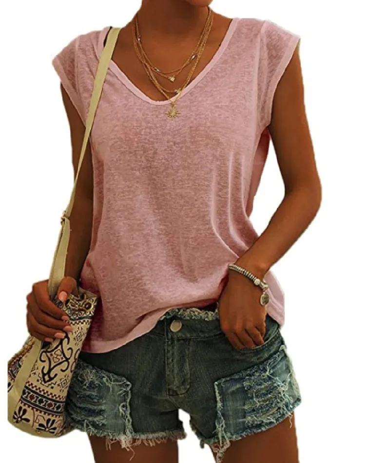 European And American Women's Simple V-neck Loose T-shirt - Pink