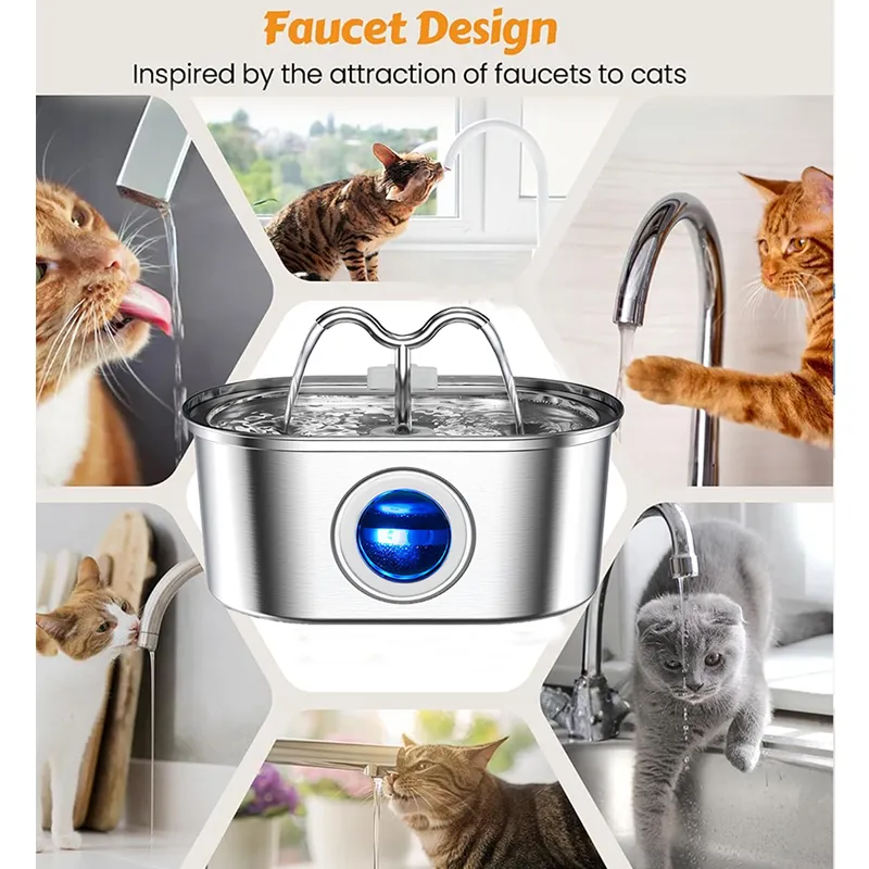 3.2L Cowhorn Model Pet Water Dispenser - Stainless Steel Automatic Water Fountain With 4 Replaceable Filters - 3.2L