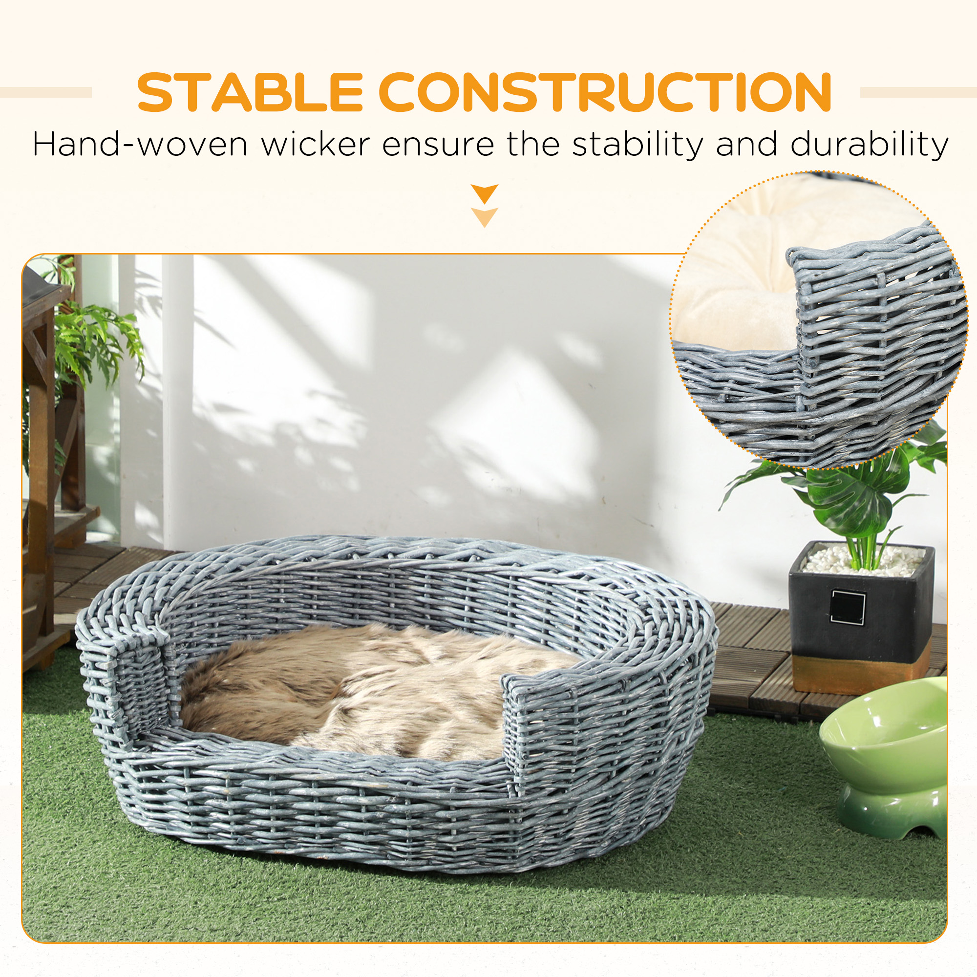 PawHut Wicker Pet Bed Willow Dog Cat Sofa Couch Puppy Basket With Cushion Grey 57L X 46W X 17.5H Cm