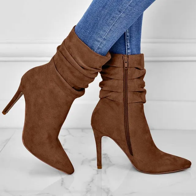 Pointed Toe Stiletto Heel Ankle Boots For Women Side Zipper Shoes Brown - Shop at LoveMi