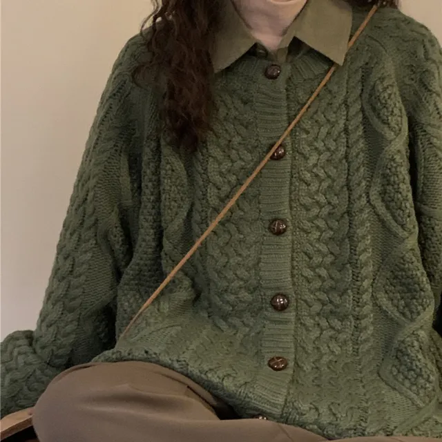 Women's Autumn And Winter Loose Vintage Knitwear Thickened Fried Dough Twists Sweater Cardigan Green - Shop at LoveMi