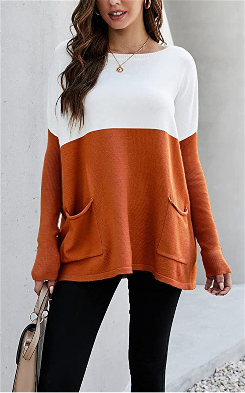 Loose Knit Long Sleeve Sweater Color Blocking Pocket Pullover Top