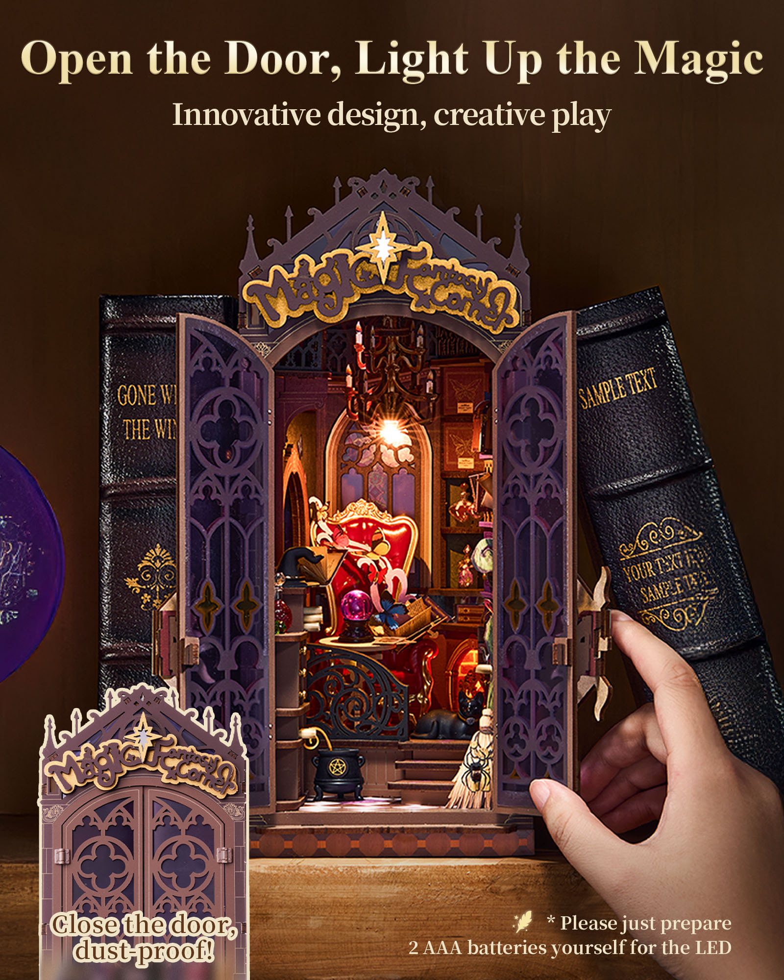 Rolife Magical Fantasy Corner Bookend DIY Set - 3D Wooden Miniature House, 3D Puzzle With Interactive LED Lights, 185 Pieces, Teen & Adult Bookshelf Decoration Gift