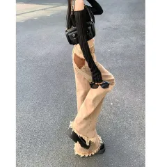 Women's Curry Vintage Loose Straight Leg Wide Leg Jeans - Brown Trousers - View 1