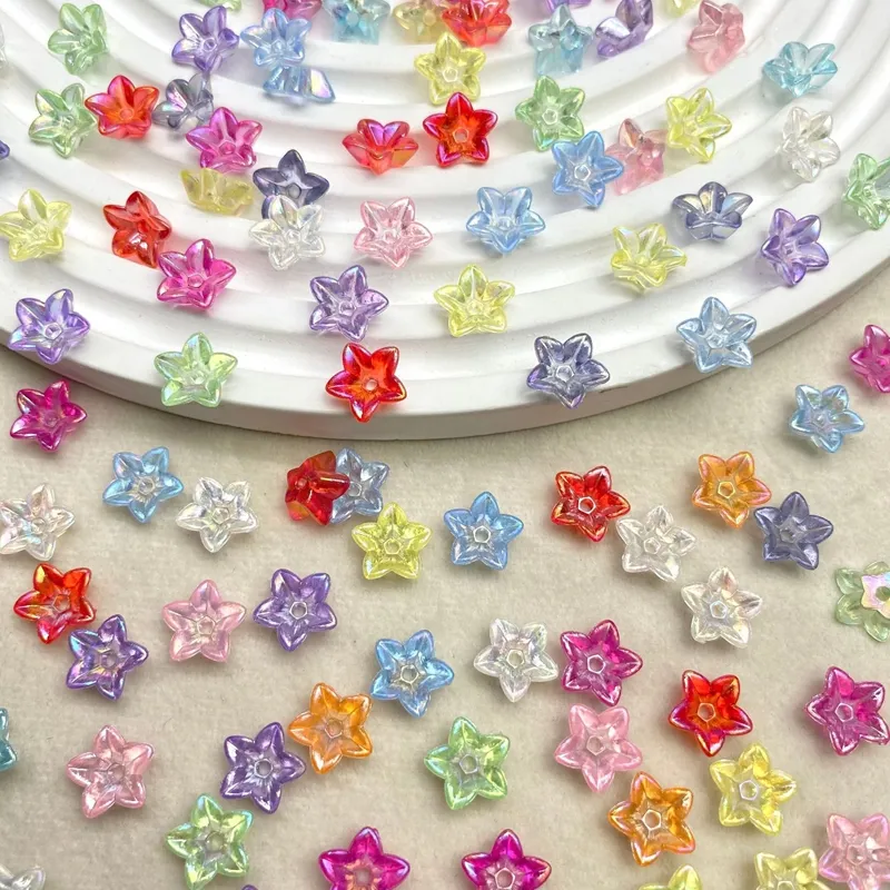 Translucent Flat-Back 5-Petal Acrylic Flower Beads, Center-Hole