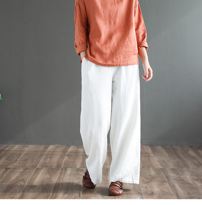 Art Vintage Solid Color V-neck Long-sleeve Linen