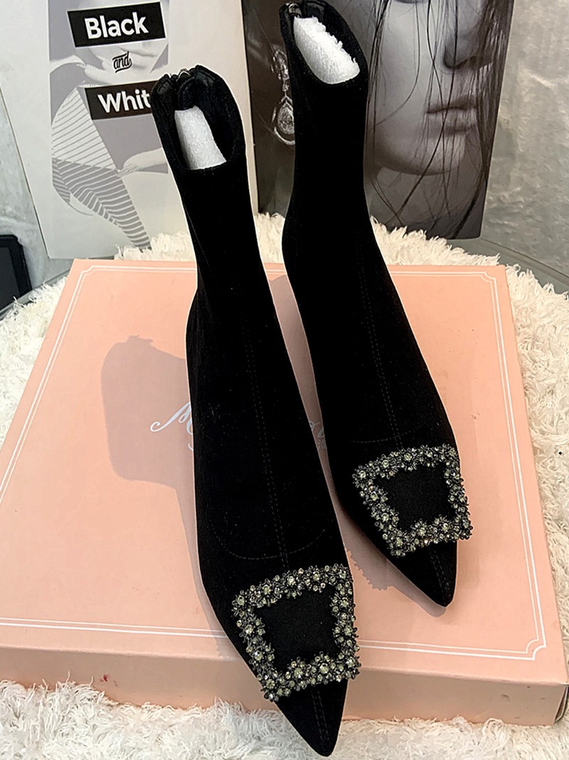Rhine-drill Pointed High Heels Square Buckle Elastic Boots Large Size Ankle Boots Low Heel
