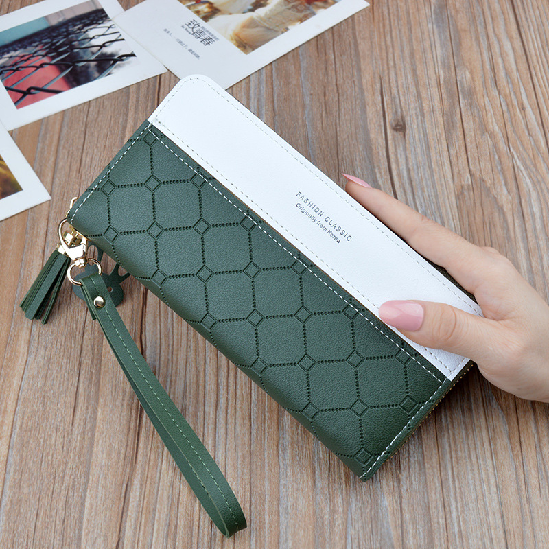 Ladies In Hand Long Zipper Tassel Stitching Embossed Large capacity Wallet Green - Shop at LoveMi