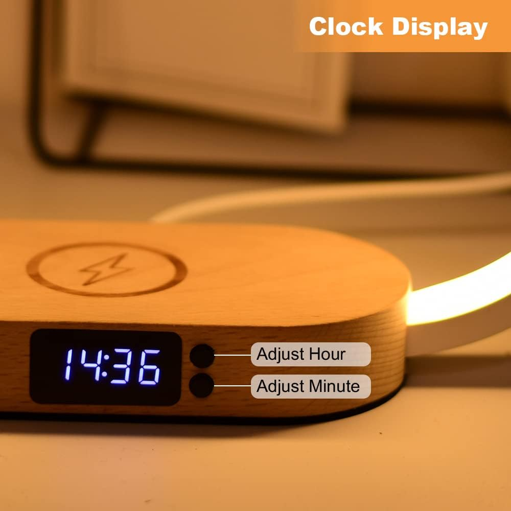 Donewin Bedside Lamp With Wireless Charger,Wooden Table Charging Station,Touch