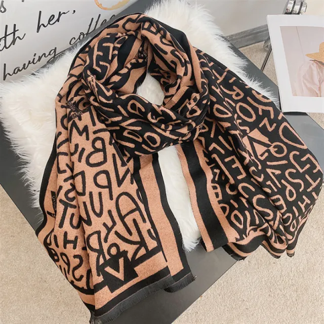 Letter Cashmere Scarf Women's Fashion Versatile Elegant Shawl Coffee - Shop at LoveMi